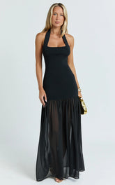 Halter Scoop Neck Contrast Georgette Dress in Black