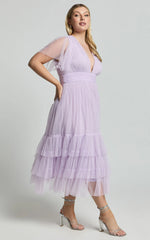 Flutter Sleeve Tuelle Plunge Dress in Lilac