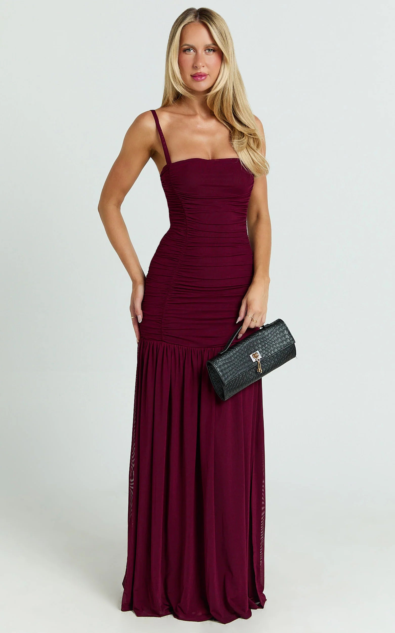 Ruched Mesh High Leg Split Dress in Wine