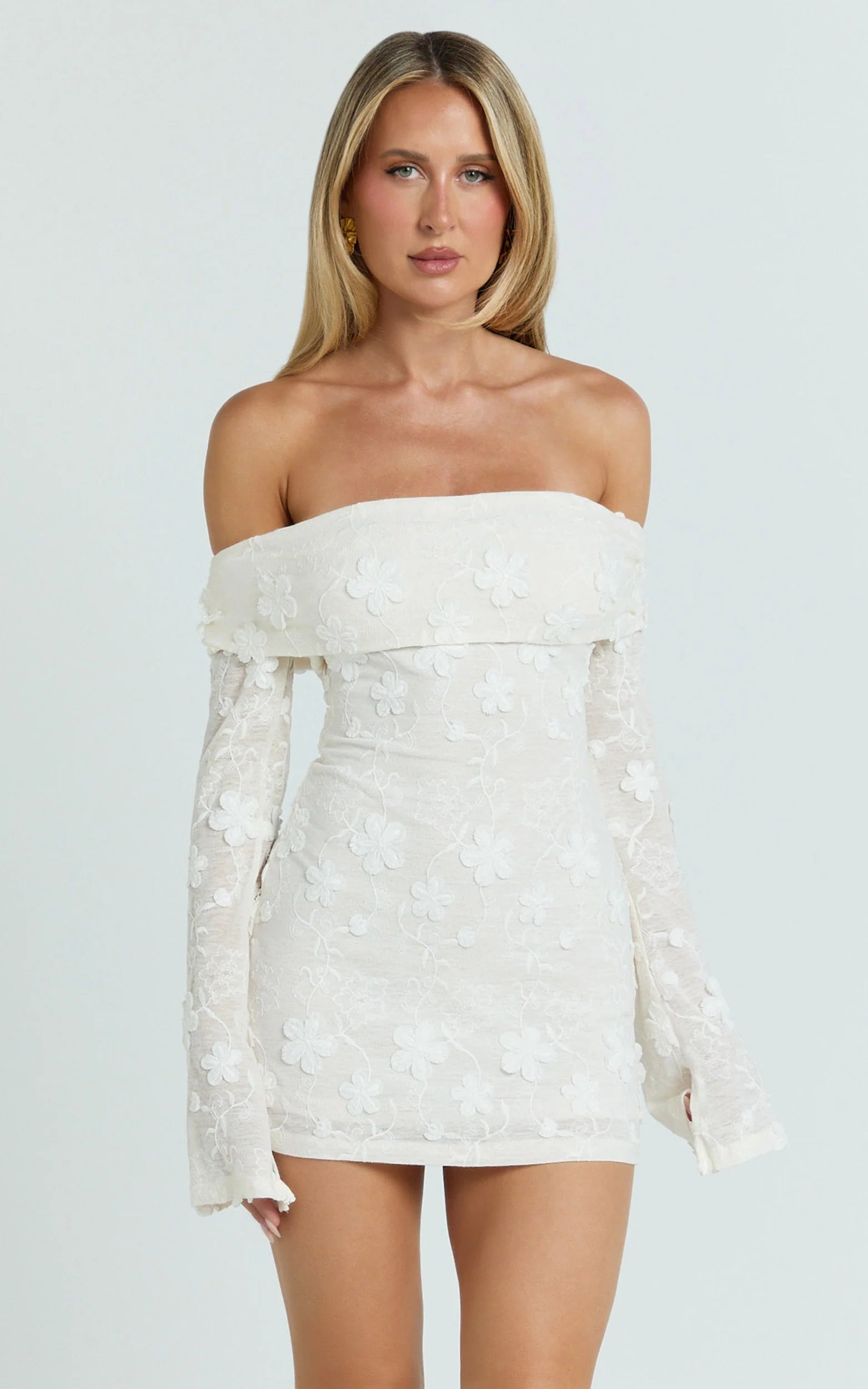 Off Shoulder Long Sleeve Fitted Dress in Ivory